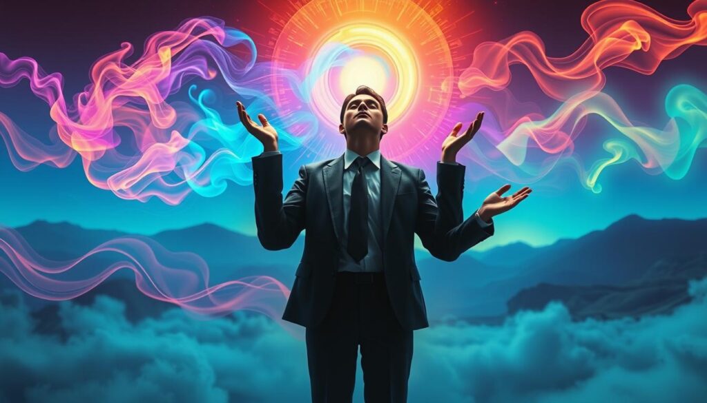 A surreal representation of emotional Kundalini awakening symptoms, showcasing a figure in professional attire, experiencing a spectrum of vivid emotions. In the foreground, the figure stands with closed eyes, hands raised towards the sky, surrounded by ethereal swirls of neon colors representing energy flowing through their chakras. The middle ground features abstract visuals of vibrant energy waves and shapes that symbolize emotional upheaval, like swirling clouds of color that suggest anxiety, joy, fear, and liberation. The background is a dreamlike landscape, softly illuminated with luminescent hues and soft gradients, creating a mystical atmosphere. Use soft, focused lighting to enhance the emotional depth, captured with a cinematic lens at a slight upward angle to evoke a sense of transcendence. The overall mood should be dramatic yet hopeful, embodying the intensity of the awakening experience. A surreal representation of emotional Kundalini awakening symptoms, showcasing a figure in professional attire, experiencing a spectrum of vivid emotions. In the foreground, the figure stands with closed eyes, hands raised towards the sky, surrounded by ethereal swirls of neon colors representing energy flowing through their chakras. The middle ground features abstract visuals of vibrant energy waves and shapes that symbolize emotional upheaval, like swirling clouds of color that suggest anxiety, joy, fear, and liberation. The background is a dreamlike landscape, softly illuminated with luminescent hues and soft gradients, creating a mystical atmosphere. Use soft, focused lighting to enhance the emotional depth, captured with a cinematic lens at a slight upward angle to evoke a sense of transcendence. The overall mood should be dramatic yet hopeful, embodying the intensity of the awakening experience.