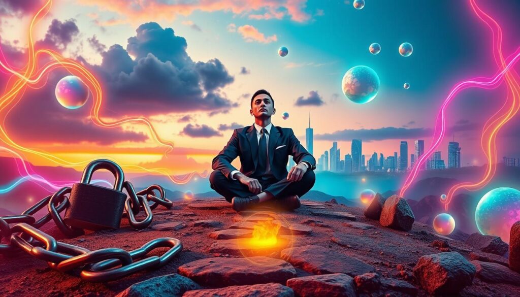 A surreal representation of emotional and financial blockages, featuring a human figure in professional business attire, sitting cross-legged amidst a vibrant, dream-like landscape. In the foreground, oversized chains and locks symbolize restraint, intertwined with flowing, neon-colored streams of energy representing potential and freedom. The middle ground shows a stylized path obstructed by dark clouds, reflecting confusion and anxiety, contrasted with bright, glowing orbs that suggest opportunities for growth. The background features a skyline of futuristic buildings bathed in soft, ambient lighting, creating a hopeful yet introspective atmosphere. Use a wide lens with a low angle to emphasize the grandeur of the scene and capture the deep emotional tones, enhancing the concept of overcoming blockages. A surreal representation of emotional and financial blockages, featuring a human figure in professional business attire, sitting cross-legged amidst a vibrant, dream-like landscape. In the foreground, oversized chains and locks symbolize restraint, intertwined with flowing, neon-colored streams of energy representing potential and freedom. The middle ground shows a stylized path obstructed by dark clouds, reflecting confusion and anxiety, contrasted with bright, glowing orbs that suggest opportunities for growth. The background features a skyline of futuristic buildings bathed in soft, ambient lighting, creating a hopeful yet introspective atmosphere. Use a wide lens with a low angle to emphasize the grandeur of the scene and capture the deep emotional tones, enhancing the concept of overcoming blockages.