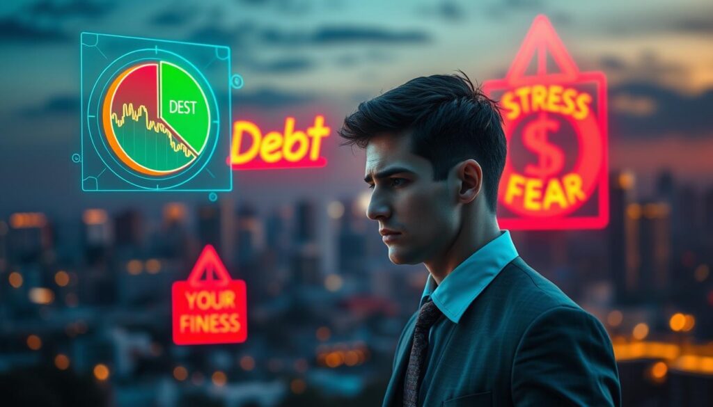 A surreal representation of financial warning signs manifesting in a dreamlike landscape, featuring glowing neon colors. In the foreground, a distressed adult Gen Z individual in professional business attire gazes at a floating holographic pie chart displaying declining finances. In the middle ground, a series of large, vividly colored signs like "Debt," "Stress," and "Fear" hover ominously, surrounded by abstract shapes symbolizing chaotic energy. The background showcases a blurred city skyline at twilight, illuminated by soft, ambient lighting that creates a sense of urgency. The atmosphere is tense and introspective, evoking the emotional weight of financial struggles intertwined with the theme of energy and vibration. The lens captures the scene with a shallow depth of field, emphasizing the subject's contemplative expression against the vibrant chaos. A surreal representation of financial warning signs manifesting in a dreamlike landscape, featuring glowing neon colors. In the foreground, a distressed adult Gen Z individual in professional business attire gazes at a floating holographic pie chart displaying declining finances. In the middle ground, a series of large, vividly colored signs like "Debt," "Stress," and "Fear" hover ominously, surrounded by abstract shapes symbolizing chaotic energy. The background showcases a blurred city skyline at twilight, illuminated by soft, ambient lighting that creates a sense of urgency. The atmosphere is tense and introspective, evoking the emotional weight of financial struggles intertwined with the theme of energy and vibration. The lens captures the scene with a shallow depth of field, emphasizing the subject's contemplative expression against the vibrant chaos.