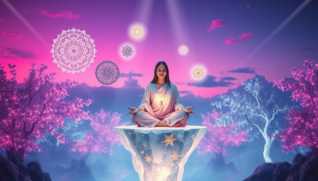 A surreal representation of "higher self wisdom," showcasing a serene figure seated cross-legged on a floating crystal platform amidst a dreamlike landscape. In the foreground, the figure, dressed in flowing, modest attire in soft pastel tones, radiates a warm, ethereal glow. Surrounding them, ornate mandalas and glowing symbols of wisdom gently float in mid-air. The middle ground features lush, luminescent trees with shimmering leaves, cascading in neon hues, creating a whimsical atmosphere. In the background, a twilight sky transitions from vibrant pinks to deep indigos, dotted with stars and soft wisps of clouds. The lighting is soft and mystical, casting gentle beams that illuminate the scene. The overall mood is tranquil and introspective, evoking a sense of connection to deeper wisdom.