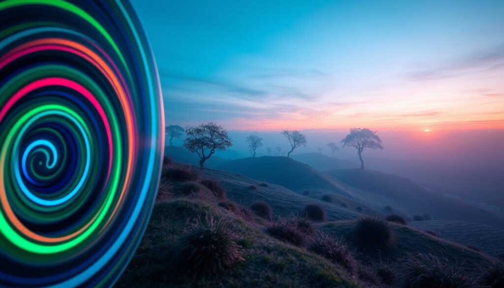 A surreal representation of "law rhythm and natural cycles," featuring an elegant balance of nature and abstract elements. In the foreground, a close-up of colorful, swirling patterns symbolizing cyclical rhythms, incorporating vibrant neon colors like electric blues, greens, and purples. The middle layer showcases a serene landscape with abstract trees and waves that mimic cyclical patterns in nature, bathed in soft, diffused lighting that creates a dreamlike atmosphere. In the background, an ethereal sky transitions from dusk to dawn, illustrating the passage of time and natural cycles. The scene conveys a harmonious mood, merging nature and modern artistry, capturing the essence of flow and rhythm without human figures. Use a high-angle lens to emphasize depth and create a striking visual narrative for a high-end magazine aesthetic. A surreal representation of "law rhythm and natural cycles," featuring an elegant balance of nature and abstract elements. In the foreground, a close-up of colorful, swirling patterns symbolizing cyclical rhythms, incorporating vibrant neon colors like electric blues, greens, and purples. The middle layer showcases a serene landscape with abstract trees and waves that mimic cyclical patterns in nature, bathed in soft, diffused lighting that creates a dreamlike atmosphere. In the background, an ethereal sky transitions from dusk to dawn, illustrating the passage of time and natural cycles. The scene conveys a harmonious mood, merging nature and modern artistry, capturing the essence of flow and rhythm without human figures. Use a high-angle lens to emphasize depth and create a striking visual narrative for a high-end magazine aesthetic.