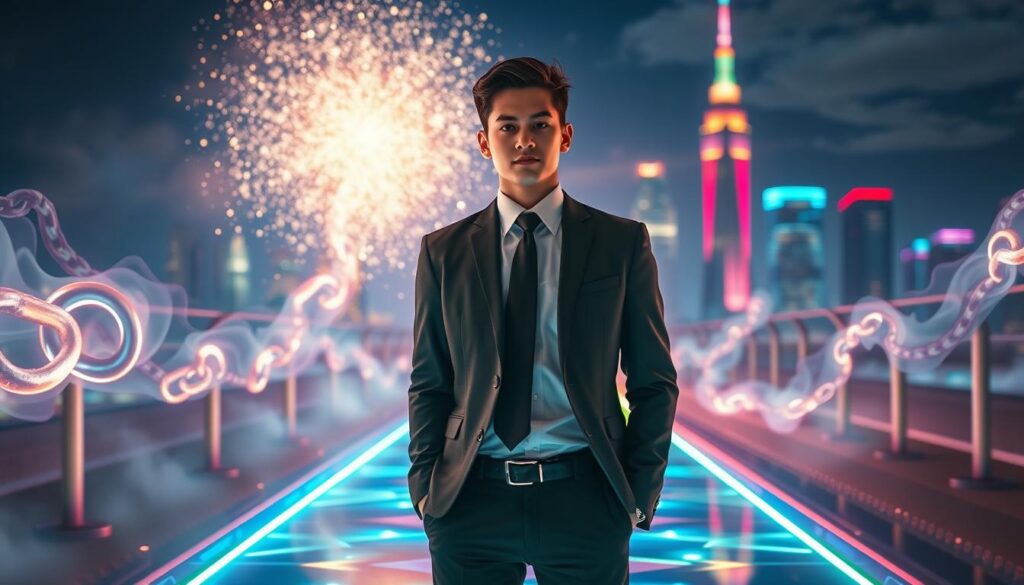 A surreal representation of limiting beliefs and career manifestation, featuring a young adult in professional business attire standing confidently on a vibrant, dreamlike pathway. The foreground showcases the individual with a determined expression, surrounded by swirling neon light patterns symbolizing aspirations breaking through barriers. In the middle ground, ghostly chains dissipate into sparkling dust, illustrating the release of limiting beliefs. The background features a majestic skyline illuminated in neon colors, reflecting opportunity and hope. The scene is bathed in ethereal lighting, casting a soft glow, enhancing the uplifting atmosphere. Shot from a slightly low angle to emphasize empowerment, with a dreamy quality reminiscent of high-end magazine advertisements. A surreal representation of limiting beliefs and career manifestation, featuring a young adult in professional business attire standing confidently on a vibrant, dreamlike pathway. The foreground showcases the individual with a determined expression, surrounded by swirling neon light patterns symbolizing aspirations breaking through barriers. In the middle ground, ghostly chains dissipate into sparkling dust, illustrating the release of limiting beliefs. The background features a majestic skyline illuminated in neon colors, reflecting opportunity and hope. The scene is bathed in ethereal lighting, casting a soft glow, enhancing the uplifting atmosphere. Shot from a slightly low angle to emphasize empowerment, with a dreamy quality reminiscent of high-end magazine advertisements.
