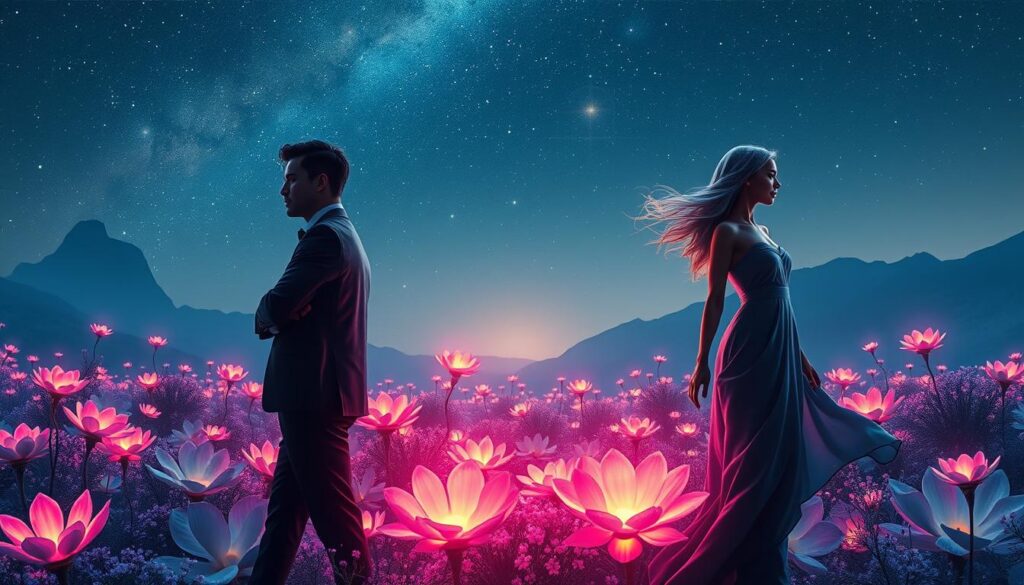A surreal representation of masculine and feminine energy manifestation, featuring an ethereal landscape that blends soft, flowing shapes with bold, angular forms. In the foreground, two human figures embodying the essence of both energies stand back-to-back. The masculine figure, dressed in sharp business attire with a confident posture, radiates strength and focus. The feminine figure, wearing a stylish, flowy outfit, exudes grace and creativity. The middle ground is lush with vibrant, dreamlike flora, pulsating with neon colors that symbolize energy and life. In the background, a starry night sky with cosmic elements adds depth and mystery, illuminated by soft, ambient lighting. The overall mood is harmonious and empowering, inviting viewers to explore the balance of their own energies. The composition is captured with a slight high-angle perspective, enhancing the sense of movement and connection. A surreal representation of masculine and feminine energy manifestation, featuring an ethereal landscape that blends soft, flowing shapes with bold, angular forms. In the foreground, two human figures embodying the essence of both energies stand back-to-back. The masculine figure, dressed in sharp business attire with a confident posture, radiates strength and focus. The feminine figure, wearing a stylish, flowy outfit, exudes grace and creativity. The middle ground is lush with vibrant, dreamlike flora, pulsating with neon colors that symbolize energy and life. In the background, a starry night sky with cosmic elements adds depth and mystery, illuminated by soft, ambient lighting. The overall mood is harmonious and empowering, inviting viewers to explore the balance of their own energies. The composition is captured with a slight high-angle perspective, enhancing the sense of movement and connection.