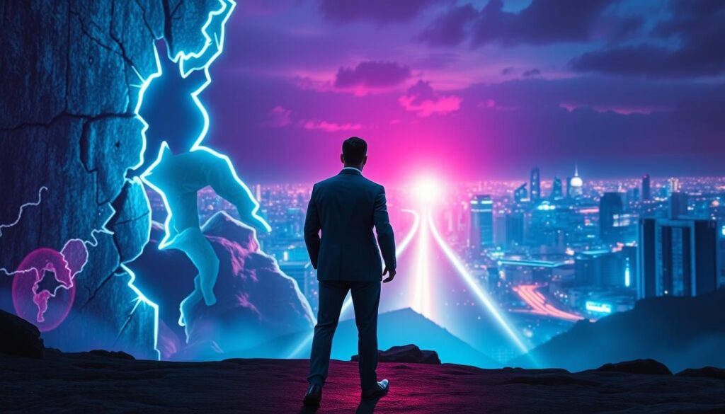 A surreal representation of self-limiting beliefs and personal growth, featuring an illuminated figure standing at the forefront, dressed in professional business attire. The figure gazes towards a cracked facade in a vibrant, dreamlike neon landscape, symbolizing the breaking of constraints. In the middle ground, chaotic abstract shapes represent fears and doubts, dissolving into a luminous pathway leading to a bright horizon filled with opportunities. The background showcases a cityscape bathed in a soft, ethereal glow, suggesting potential and transformation. Use dramatic chiaroscuro lighting to create depth, with a slight tilt-angle perspective for a sense of movement. The atmosphere is both mystical and inspiring, evoking feelings of hope and liberation. A surreal representation of self-limiting beliefs and personal growth, featuring an illuminated figure standing at the forefront, dressed in professional business attire. The figure gazes towards a cracked facade in a vibrant, dreamlike neon landscape, symbolizing the breaking of constraints. In the middle ground, chaotic abstract shapes represent fears and doubts, dissolving into a luminous pathway leading to a bright horizon filled with opportunities. The background showcases a cityscape bathed in a soft, ethereal glow, suggesting potential and transformation. Use dramatic chiaroscuro lighting to create depth, with a slight tilt-angle perspective for a sense of movement. The atmosphere is both mystical and inspiring, evoking feelings of hope and liberation.