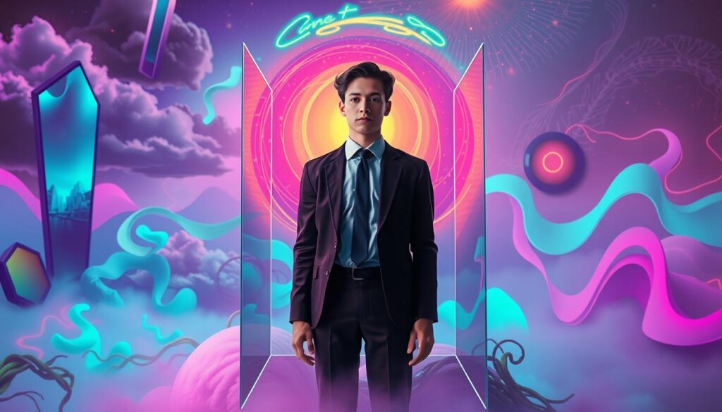 A surreal representation of spiritual bypassing, featuring a human figure in professional attire, standing in a dreamlike landscape. The figure, a young adult from Generation Z, has a calm expression, surrounded by vibrant neon colors that swirl around them like a mystical aura. In the foreground, a clear glass box separates the figure from a chaotic environment filled with symbols of emotional struggles—shattered mirrors, dark clouds, and entangled vines. The middle ground fades into a serene space with soft, flowing shapes, symbolizing peace, yet reflecting a subtle tension. The background is filled with abstract patterns resembling spiritual symbols blended into the neon hues, illuminated by soft, ethereal lighting. Capture this scene with a slight aerial angle, evoking both introspection and a sense of escape. The atmosphere should feel contemplative but infused with vibrant energy, showcasing the contrast between denial and genuine emotional processing. A surreal representation of spiritual bypassing, featuring a human figure in professional attire, standing in a dreamlike landscape. The figure, a young adult from Generation Z, has a calm expression, surrounded by vibrant neon colors that swirl around them like a mystical aura. In the foreground, a clear glass box separates the figure from a chaotic environment filled with symbols of emotional struggles—shattered mirrors, dark clouds, and entangled vines. The middle ground fades into a serene space with soft, flowing shapes, symbolizing peace, yet reflecting a subtle tension. The background is filled with abstract patterns resembling spiritual symbols blended into the neon hues, illuminated by soft, ethereal lighting. Capture this scene with a slight aerial angle, evoking both introspection and a sense of escape. The atmosphere should feel contemplative but infused with vibrant energy, showcasing the contrast between denial and genuine emotional processing.