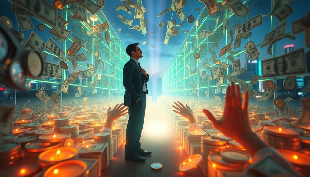 A surreal representation of symbolic money beliefs, featuring a maze formed from glowing neon dollar bills and coins, intertwining with ethereal light beams. In the foreground, a contemplative figure in professional business attire stands at the center, gazing thoughtfully at the intricate patterns of currency, embodying a sense of introspection. The middle ground reveals hands reaching out, symbolizing both the grasping for wealth and the struggles against limiting beliefs, surrounded by vibrant colors of dreamcore aesthetics. The background is a softly blurred urban skyline at dusk, illuminated by neon lights, enhancing a sense of optimism and possibility. The overall atmosphere feels mystical and thought-provoking, inviting viewers to reflect on their own beliefs about money and abundance. Soft, diffused lighting casts dynamic shadows, creating a dreamlike quality. A surreal representation of symbolic money beliefs, featuring a maze formed from glowing neon dollar bills and coins, intertwining with ethereal light beams. In the foreground, a contemplative figure in professional business attire stands at the center, gazing thoughtfully at the intricate patterns of currency, embodying a sense of introspection. The middle ground reveals hands reaching out, symbolizing both the grasping for wealth and the struggles against limiting beliefs, surrounded by vibrant colors of dreamcore aesthetics. The background is a softly blurred urban skyline at dusk, illuminated by neon lights, enhancing a sense of optimism and possibility. The overall atmosphere feels mystical and thought-provoking, inviting viewers to reflect on their own beliefs about money and abundance. Soft, diffused lighting casts dynamic shadows, creating a dreamlike quality.