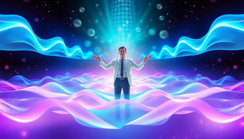 A surreal representation of the Law of Vibration, showcasing abstract waves of energy and frequency in a vibrant, neon color palette. In the foreground, use fluid, pulsating geometric shapes that depict sound waves and resonance, glowing softly with bright blues, purples, and greens. The middle ground should include a transparent figure in professional attire, reaching out as if interacting with the energy, their expression focused and enlightened. In the background, create a dreamlike landscape filled with floating light orbs and shimmering patterns, surrounded by a soft haze of color to evoke a sense of wonder and possibility. Use dramatic lighting to highlight the interaction between the figure and the energy waves, with a slightly upward angle to give a sense of aspiration and elevation, creating an atmosphere that inspires curiosity and introspection.
