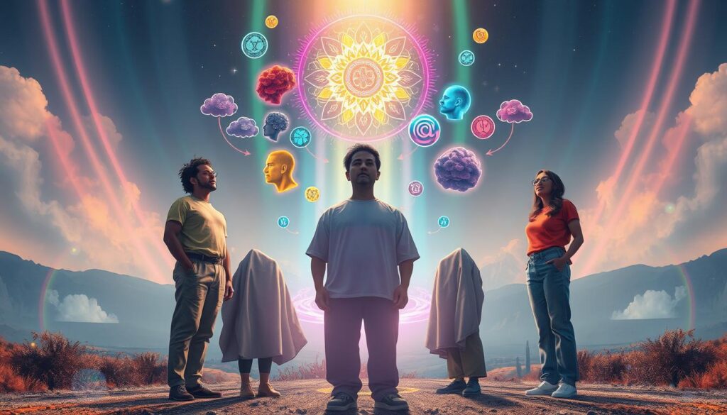 A surreal representation of the awakening process stages, illustrated in a dreamcore aesthetic. In the foreground, a diverse group of four adults in modest casual clothing, positioned in a circular formation, each symbolizing a different stage of awakening with distinct colors and expressions. The middle section features abstract representations of thoughts and emotions in vibrant neon hues, swirling around them, suggesting growth and transformation. The background showcases a stylized, mystical landscape with ethereal light beams piercing through a softly lit atmosphere, creating an uplifting mood. The scene is captured from a slight low angle, enhancing the feeling of rising towards enlightenment, with soft lens flares adding to the magical quality. The overall composition evokes a sense of journey and connection, perfect for illustrating the unfolding process of spiritual awakening.