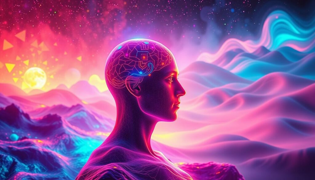 A surreal representation of the conscious mind and subconscious mind, with the conscious mind depicted as a vivid, colorful landscape filled with bright neon colors and abstract geometric shapes in the foreground. The subconscious mind is shown as a serene, dreamy realm in the background, featuring soft, flowing waves of muted pastel colors. A stark contrast between the two realms creates a sense of duality. The lighting is dynamic, showcasing a blend of soft glows and sharp highlights, emphasizing the vividness of the conscious mind. Use a wide-angle lens perspective, capturing the sweeping expanses of both realms. The atmosphere is both mystical and introspective, evoking a sense of exploration and transformation within the mind, suited for an artful, high-end magazine aesthetic appealing to adult Gen Z. A surreal representation of the conscious mind and subconscious mind, with the conscious mind depicted as a vivid, colorful landscape filled with bright neon colors and abstract geometric shapes in the foreground. The subconscious mind is shown as a serene, dreamy realm in the background, featuring soft, flowing waves of muted pastel colors. A stark contrast between the two realms creates a sense of duality. The lighting is dynamic, showcasing a blend of soft glows and sharp highlights, emphasizing the vividness of the conscious mind. Use a wide-angle lens perspective, capturing the sweeping expanses of both realms. The atmosphere is both mystical and introspective, evoking a sense of exploration and transformation within the mind, suited for an artful, high-end magazine aesthetic appealing to adult Gen Z.