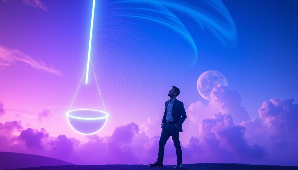 A surreal representation of the "reality transurfing pendulum metaphor," illustrating the concept of distractions pulling focus away from personal goals. In the foreground, a glowing neon pendulum swings dynamically, emanating an otherworldly light in shades of blue and purple. Each swing creates a ripple effect in the air, visually manifesting energy and influence. In the middle ground, a silhouette of a person in professional attire stands, gazing at the pendulum with a look of contemplation, embodying the struggle against distractions. The background features a dreamlike landscape, with swirling pastel clouds and abstract shapes, enhancing the dreamcore aesthetic. The lighting is vibrant yet ethereal, creating an entrancing atmosphere. The composition captures a sense of urgency and reflection, encouraging viewers to ponder the forces affecting their focus and aspirations.