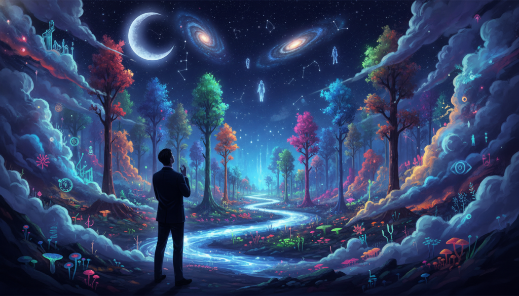 A surreal representation of the subconscious mind at night, featuring a dreamlike landscape illuminated by soft neon colors. In the foreground, a silhouette of a contemplative figure in professional attire stands, gazing upwards, surrounded by swirling clouds of vivid colors and abstract shapes symbolizing thoughts and dreams. The middle section showcases a river of shimmering light flowing through a forest of tall, ethereal trees, their leaves glowing in vibrant hues. In the background, a starry sky filled with swirling galaxies and constellations suggests infinite possibilities. The mood is introspective and mystical, invoking a sense of wonder about the power of sleep and manifestation. Use dramatic lighting to enhance the depth and intrigue of the scene, shot from a slightly elevated angle for an expansive view.