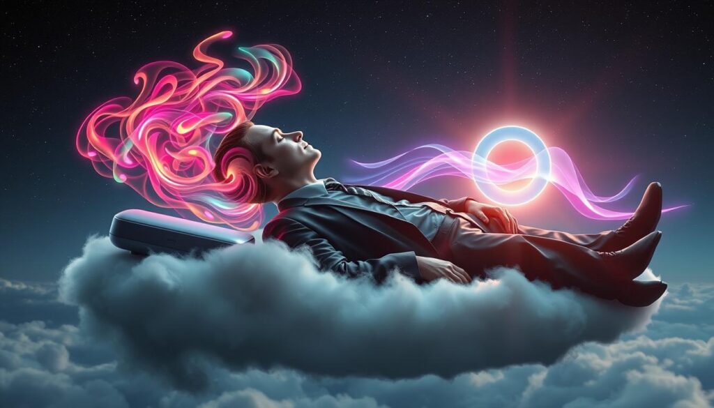 A surreal representation of the subconscious mind blending into a serene sleep environment. In the foreground, a tranquil figure in professional business attire reclines peacefully on a floating cloud, their head surrounded by neon-colored dreamlike swirls symbolizing thoughts and emotions. The middle ground features ethereal waves of sound, depicted as vibrant, flowing lines emanating from a sleek audio device, merging into a kaleidoscope of colors that represent reprogramming frequencies. The background is a serene night sky filled with subtle constellations, providing a calming atmosphere. Soft, ambient lighting casts gentle shadows, enhancing the dreamlike quality. The overall mood should evoke tranquility and introspection, embodying the concept of reprogramming one's subconscious while asleep. A surreal representation of the subconscious mind blending into a serene sleep environment. In the foreground, a tranquil figure in professional business attire reclines peacefully on a floating cloud, their head surrounded by neon-colored dreamlike swirls symbolizing thoughts and emotions. The middle ground features ethereal waves of sound, depicted as vibrant, flowing lines emanating from a sleek audio device, merging into a kaleidoscope of colors that represent reprogramming frequencies. The background is a serene night sky filled with subtle constellations, providing a calming atmosphere. Soft, ambient lighting casts gentle shadows, enhancing the dreamlike quality. The overall mood should evoke tranquility and introspection, embodying the concept of reprogramming one's subconscious while asleep.