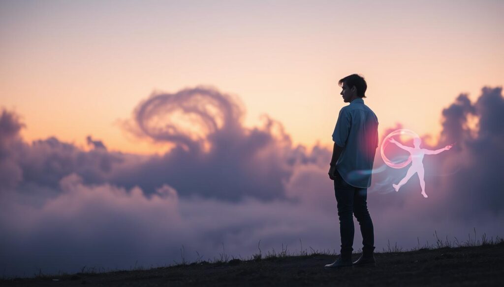 A surreal representation of twin flame separation, featuring two ethereal figures in a dreamlike landscape. In the foreground, one figure stands looking towards the horizon, dressed in modest casual clothing, reflecting a sense of longing and contemplation. The other figure is positioned further away, enveloped in a gentle glow, symbolizing distance yet a strong connection. The middle ground showcases a swirling, neon-colored mist representing the emotional turbulence and energy of separation. In the background, pastel clouds merge into a twilight sky, creating a serene yet poignant atmosphere. Utilize soft, ambient lighting to enhance the mood, capturing a sense of introspection and hope. The angle should evoke depth, drawing the viewer into the emotional journey of understanding twin flame separation. A surreal representation of twin flame separation, featuring two ethereal figures in a dreamlike landscape. In the foreground, one figure stands looking towards the horizon, dressed in modest casual clothing, reflecting a sense of longing and contemplation. The other figure is positioned further away, enveloped in a gentle glow, symbolizing distance yet a strong connection. The middle ground showcases a swirling, neon-colored mist representing the emotional turbulence and energy of separation. In the background, pastel clouds merge into a twilight sky, creating a serene yet poignant atmosphere. Utilize soft, ambient lighting to enhance the mood, capturing a sense of introspection and hope. The angle should evoke depth, drawing the viewer into the emotional journey of understanding twin flame separation.