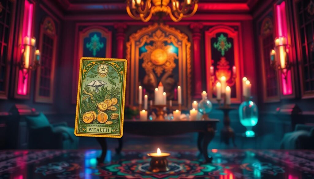 A surreal representation of "wealth card energy" in a dreamcore style, featuring an ornate tarot card floating in the foreground, embellished with shimmering gold and green hues. The card should depict symbols of abundance, such as overflowing coins and lush vegetation, surrounded by an ethereal glow. In the middle ground, a soft-focus scene of an intricately designed table covered with crystals and candles enhances the mystique. The background portrays a dimly lit room with neon accents, casting colorful reflections, creating an otherworldly atmosphere. Use dramatic lighting to highlight the card and its details, while soft shadows deepen the sense of magic. The overall mood should feel enchanting, inviting viewers into a realm where manifestation and wealth intertwine. A surreal representation of "wealth card energy" in a dreamcore style, featuring an ornate tarot card floating in the foreground, embellished with shimmering gold and green hues. The card should depict symbols of abundance, such as overflowing coins and lush vegetation, surrounded by an ethereal glow. In the middle ground, a soft-focus scene of an intricately designed table covered with crystals and candles enhances the mystique. The background portrays a dimly lit room with neon accents, casting colorful reflections, creating an otherworldly atmosphere. Use dramatic lighting to highlight the card and its details, while soft shadows deepen the sense of magic. The overall mood should feel enchanting, inviting viewers into a realm where manifestation and wealth intertwine.
