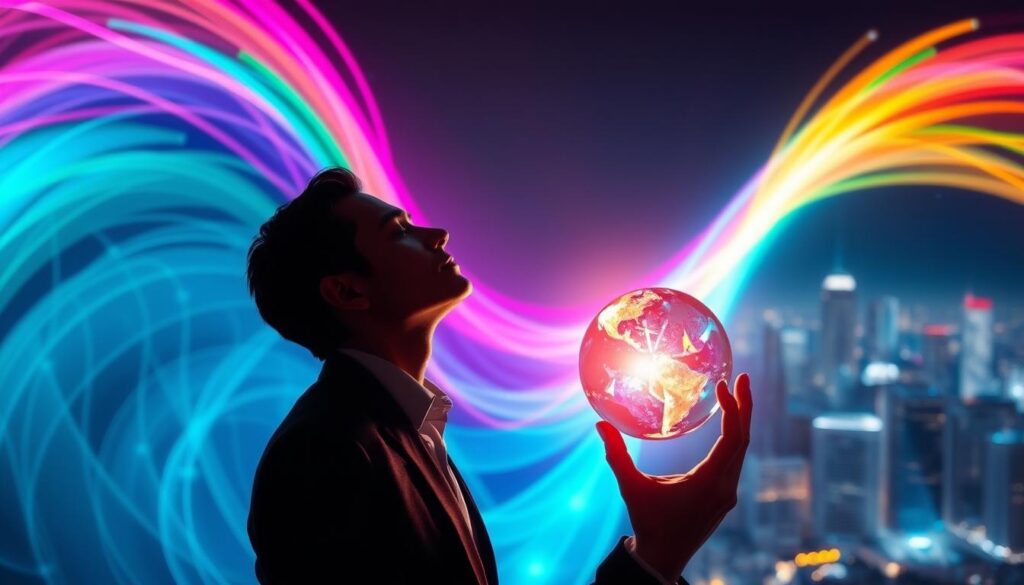 A surreal representation of "wealth mindset frequency," featuring an abstract wave of vibrant, multicolored energy pulsating outward in neon hues. In the foreground, a polished crystal orb radiates light, symbolizing clarity and abundance. The middle ground shows a silhouette of a person dressed in professional business attire, eyes closed and head tilted upward, absorbing the energy around them. In the background, an ethereal cityscape glimmers with shimmering lights, illustrating a prosperous future. The lighting is bright and dynamic, with a slight glow to create an otherworldly atmosphere. The image conveys a sense of empowerment, transformation, and an elevated frequency that attracts wealth. A surreal representation of "wealth mindset frequency," featuring an abstract wave of vibrant, multicolored energy pulsating outward in neon hues. In the foreground, a polished crystal orb radiates light, symbolizing clarity and abundance. The middle ground shows a silhouette of a person dressed in professional business attire, eyes closed and head tilted upward, absorbing the energy around them. In the background, an ethereal cityscape glimmers with shimmering lights, illustrating a prosperous future. The lighting is bright and dynamic, with a slight glow to create an otherworldly atmosphere. The image conveys a sense of empowerment, transformation, and an elevated frequency that attracts wealth.