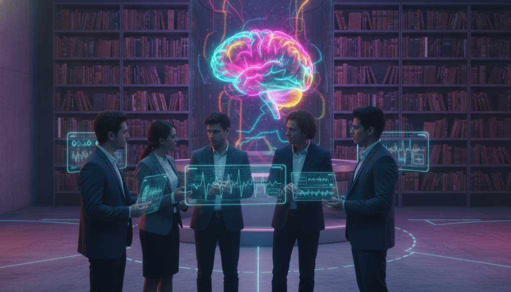 A surreal research laboratory scene focusing on subliminal messages and their effects on the brain. In the foreground, a diverse group of young adults casually dressed in business attire are engaged in discussions, examining brainwave readings on sleek digital screens. The middle layer features a large, glowing brain hologram surrounded by vibrant neon colors, symbolizing heightened cognitive activity. In the background, shelves filled with books on psychology and neuroscience create an intellectual atmosphere. The lighting is soft yet vivid, emphasizing the dreamlike quality of the scene, with colorful gradients casting a dramatic effect on the walls. The overall mood is innovative and inspiring, blending science with artistic interpretation, evoking curiosity about the hidden potential of the human mind. A surreal research laboratory scene focusing on subliminal messages and their effects on the brain. In the foreground, a diverse group of young adults casually dressed in business attire are engaged in discussions, examining brainwave readings on sleek digital screens. The middle layer features a large, glowing brain hologram surrounded by vibrant neon colors, symbolizing heightened cognitive activity. In the background, shelves filled with books on psychology and neuroscience create an intellectual atmosphere. The lighting is soft yet vivid, emphasizing the dreamlike quality of the scene, with colorful gradients casting a dramatic effect on the walls. The overall mood is innovative and inspiring, blending science with artistic interpretation, evoking curiosity about the hidden potential of the human mind.