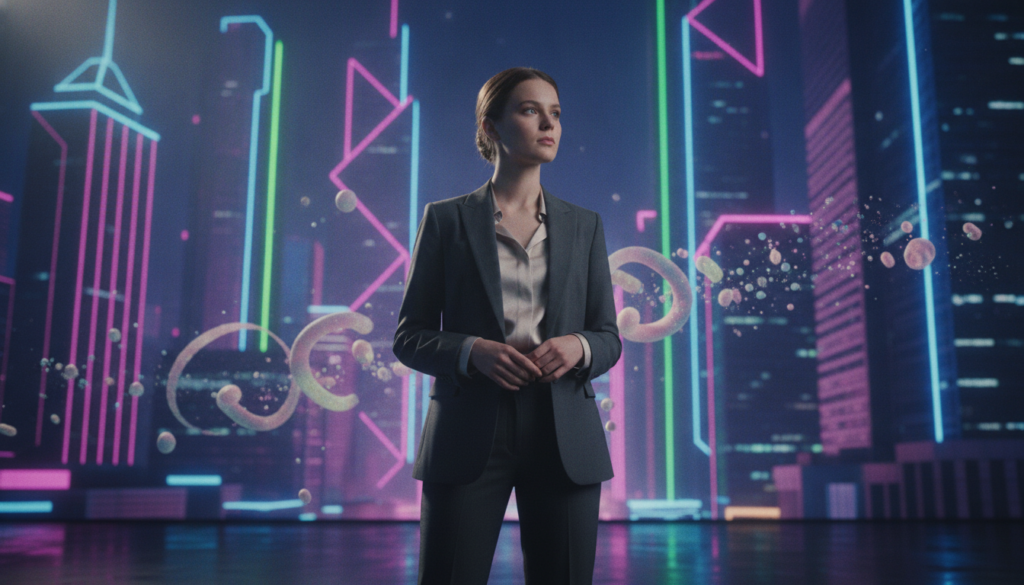A surreal scene depicting a confident young Caucasian woman in professional business attire, standing in the foreground. She gazes thoughtfully towards an ethereal backdrop of a dreamlike cityscape, infused with vibrant neon colors. The middle layer showcases abstract, swirling shapes and soft glowing orbs that symbolize ideas manifesting, flowing around her. The background features towering skyscrapers, partially blurred, to create a sense of depth and dimension. Dramatic lighting casts dynamic shadows across the scene, enhancing the mystical atmosphere. Capture the mood of focus and ambition, emphasizing the contrast between the overwhelming 3D reality and her serene determination to create her own path. The composition should evoke a high-end magazine advertisement feel, appealing to adult Gen Z aesthetics. A surreal scene depicting a confident young Caucasian woman in professional business attire, standing in the foreground. She gazes thoughtfully towards an ethereal backdrop of a dreamlike cityscape, infused with vibrant neon colors. The middle layer showcases abstract, swirling shapes and soft glowing orbs that symbolize ideas manifesting, flowing around her. The background features towering skyscrapers, partially blurred, to create a sense of depth and dimension. Dramatic lighting casts dynamic shadows across the scene, enhancing the mystical atmosphere. Capture the mood of focus and ambition, emphasizing the contrast between the overwhelming 3D reality and her serene determination to create her own path. The composition should evoke a high-end magazine advertisement feel, appealing to adult Gen Z aesthetics.