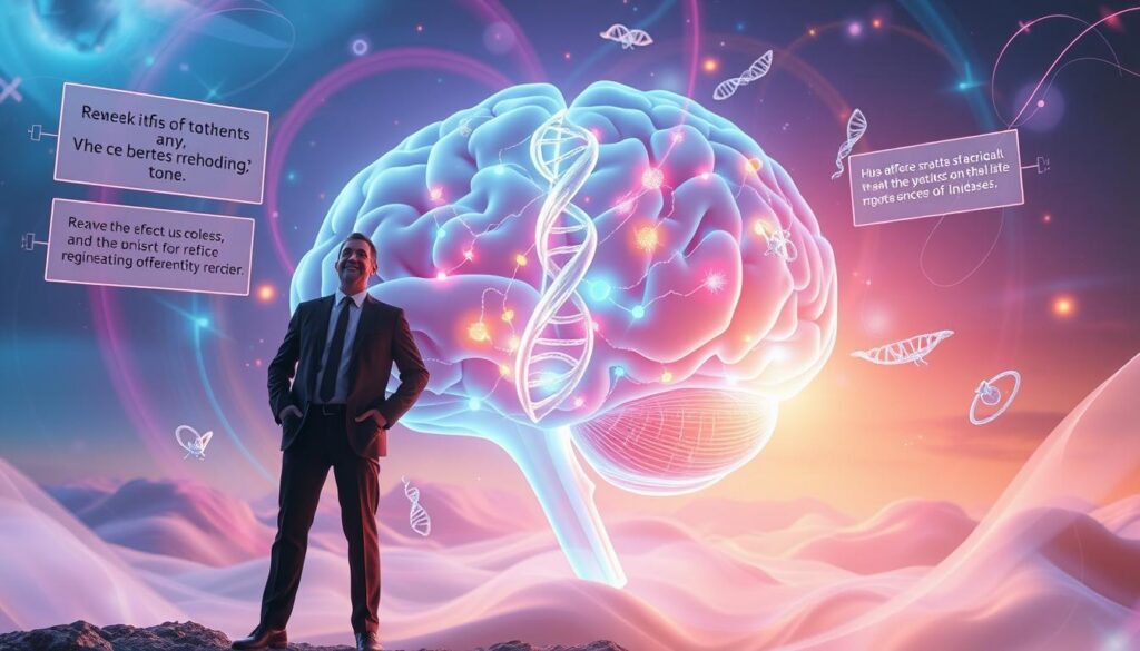 A surreal scene depicting a human brain surrounded by swirling neon lights and ethereal figures representing thoughts and beliefs. In the foreground, a figure in professional business attire stands confidently, surrounded by floating holographic images of rewritten belief statements. The middle layer features a visual representation of DNA strands intertwining with colorful neurons, symbolizing the connection between thought and biology. The background reveals a dreamlike landscape, filled with soft gradients and abstract shapes, creating a sense of depth and introspection. Illuminated by soft, ethereal light, the atmosphere feels hopeful and transformative, inviting viewers to explore the power of subconscious programming. Use a wide-angle lens to capture the expanse of the scene, focusing on vibrant colors and intricate details for a high-end magazine feel. A surreal scene depicting a human brain surrounded by swirling neon lights and ethereal figures representing thoughts and beliefs. In the foreground, a figure in professional business attire stands confidently, surrounded by floating holographic images of rewritten belief statements. The middle layer features a visual representation of DNA strands intertwining with colorful neurons, symbolizing the connection between thought and biology. The background reveals a dreamlike landscape, filled with soft gradients and abstract shapes, creating a sense of depth and introspection. Illuminated by soft, ethereal light, the atmosphere feels hopeful and transformative, inviting viewers to explore the power of subconscious programming. Use a wide-angle lens to capture the expanse of the scene, focusing on vibrant colors and intricate details for a high-end magazine feel.