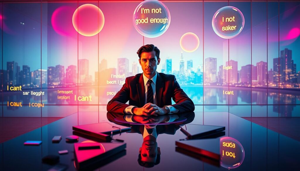 A surreal scene depicting a person sitting at a desk in a minimalist office, surrounded by translucent barriers labeled with phrases like “I can’t,” and “I’m not good enough.” The individual, dressed in professional business attire, appears contemplative yet determined, with neon colors casting vibrant reflections across the space. In the foreground, a shattered mirror symbolizes the breaking of limiting beliefs, while the middle ground showcases glowing ethereal orbs filled with positive affirmations floating above the desk. The background features an abstract city skyline illuminated in dreamcore aesthetics, enhancing the atmosphere of possibility and hope. Soft, warm lighting highlights the individual's face, creating a mood of introspection and empowerment, shot with a 35mm lens from a slightly elevated angle. A surreal scene depicting a person sitting at a desk in a minimalist office, surrounded by translucent barriers labeled with phrases like “I can’t,” and “I’m not good enough.” The individual, dressed in professional business attire, appears contemplative yet determined, with neon colors casting vibrant reflections across the space. In the foreground, a shattered mirror symbolizes the breaking of limiting beliefs, while the middle ground showcases glowing ethereal orbs filled with positive affirmations floating above the desk. The background features an abstract city skyline illuminated in dreamcore aesthetics, enhancing the atmosphere of possibility and hope. Soft, warm lighting highlights the individual's face, creating a mood of introspection and empowerment, shot with a 35mm lens from a slightly elevated angle.
