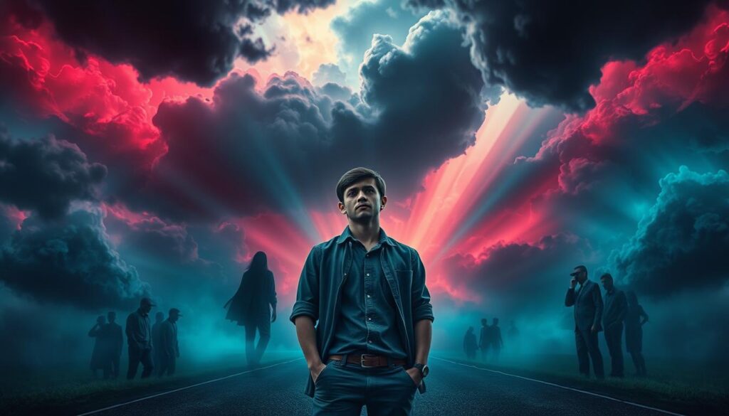 A surreal scene depicting a person standing at a crossroad, surrounded by swirling dark clouds representing fear and self-doubt. In the foreground, a young adult dressed in smart casual attire looks contemplative, their expression reflective of uncertainty. In the middle ground, shadowy figures representing doubt loom, whispering discouragements, while vibrant neon colors in the background symbolize dreams and aspirations waiting to be reached. The lighting is moody and atmospheric, with beams of soft, ethereal light piercing through the clouds, creating contrast. The overall mood is tense yet hopeful, illustrating the struggle between fear and the desire to manifest one’s goals. The composition should invite the viewer to feel the weight of hesitation while hinting at potential breakthroughs.