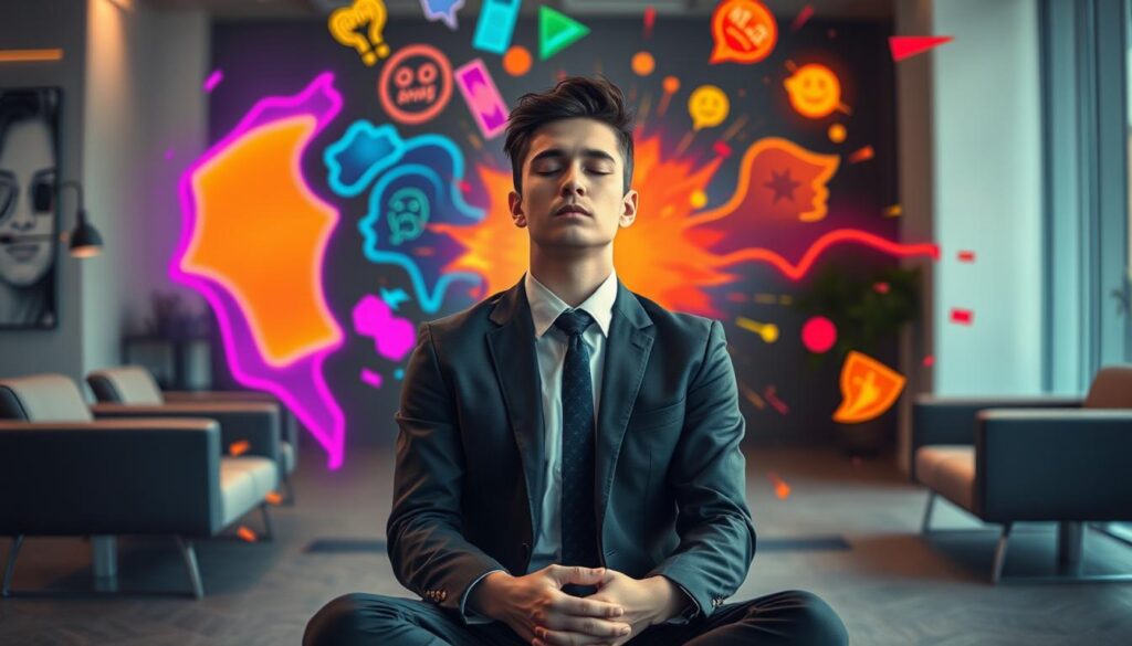 A surreal scene depicting a young adult in professional business attire sitting in a modern office, surrounded by a swirling vortex of vibrant neon colors representing anxiety, sadness, and anger. The foreground shows the figure in a calm, meditative pose, eyes closed, embodying tranquility amidst the chaos. In the middle, abstract shapes and colors depict emotions swirling around them but are intentionally blurred to emphasize the idea of ignoring these feelings. The background features sleek, minimalistic furniture and soft diffused lighting that creates a warm, inviting atmosphere. The lens effect is slightly dreamy, enhancing the sense of surreal escape while focusing on the subject's serene expression. The overall mood is one of struggle against internal turmoil, promoting a thought-provoking interpretation of the concept of ignoring negative emotions. A surreal scene depicting a young adult in professional business attire sitting in a modern office, surrounded by a swirling vortex of vibrant neon colors representing anxiety, sadness, and anger. The foreground shows the figure in a calm, meditative pose, eyes closed, embodying tranquility amidst the chaos. In the middle, abstract shapes and colors depict emotions swirling around them but are intentionally blurred to emphasize the idea of ignoring these feelings. The background features sleek, minimalistic furniture and soft diffused lighting that creates a warm, inviting atmosphere. The lens effect is slightly dreamy, enhancing the sense of surreal escape while focusing on the subject's serene expression. The overall mood is one of struggle against internal turmoil, promoting a thought-provoking interpretation of the concept of ignoring negative emotions.