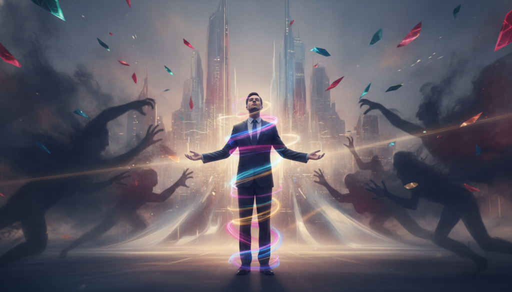 A surreal scene depicting the concept of "law allowing and resistance" in an ethereal landscape. In the foreground, a serene figure in professional business attire stands with arms outstretched, embodying acceptance and openness, bathed in swirling neon colors. The middle layer shows a dynamic interaction of shadowy forms representing fear, doubt, and control, attempting to encroach upon the figure but being gently dispersed by glowing light emanating from the figure. In the background, a dreamlike urban skyline glimmers with high-end magazine aesthetics, featuring abstract shapes and vibrant hues that convey a sense of movement and energy. Soft, diffused lighting enhances the mood, creating an uplifting and hopeful atmosphere, captured with a wide-angle lens to emphasize the contrast between the figure's calm demeanor and the chaotic influences surrounding them.