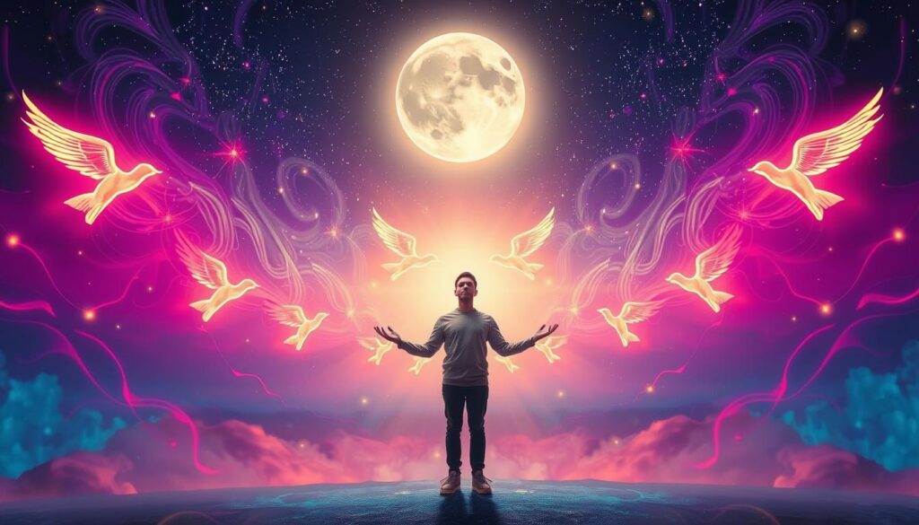 A surreal scene depicting the concept of synchronicity and personal meaning, intertwining vibrant neon colors and dreamcore elements. In the foreground, a person in modest casual clothing stands in a meditative pose, bathed in a soft, ethereal light, surrounded by luminous angel numbers floating around them. The middle ground features a kaleidoscope of swirling shapes and abstract patterns that represent interconnectedness and divine guidance. The background showcases a twilight sky filled with stars and a glowing full moon, casting a serene, calming ambiance. A high-end magazine advertisement aesthetic, captured with a wide-angle lens to emphasize depth, while maintaining a focus on the subject in a peaceful, introspective atmosphere.