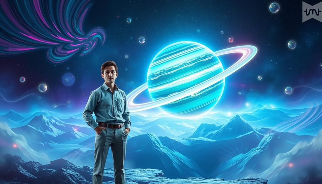 A surreal scene depicting the tumultuous energy of Uranus transits. In the foreground, a professional figure dressed in modest casual clothing stands with a look of surprise, surrounded by swirling neon colors and abstract shapes that symbolize sudden life changes. In the middle ground, a cosmic background featuring a vividly rendered Uranus, glowing with iridescent blues and greens, pulsates with energy. The backdrop portrays a dreamy, ethereal landscape with shifting geometric patterns and floating orbs of light, creating a sense of movement and flux. The lighting is dramatic, with soft glows highlighting the figure and sharp contrast around the planet. The atmosphere feels electric and transformative, inviting the viewer into the chaos of unexpected life transitions. A surreal scene depicting the tumultuous energy of Uranus transits. In the foreground, a professional figure dressed in modest casual clothing stands with a look of surprise, surrounded by swirling neon colors and abstract shapes that symbolize sudden life changes. In the middle ground, a cosmic background featuring a vividly rendered Uranus, glowing with iridescent blues and greens, pulsates with energy. The backdrop portrays a dreamy, ethereal landscape with shifting geometric patterns and floating orbs of light, creating a sense of movement and flux. The lighting is dramatic, with soft glows highlighting the figure and sharp contrast around the planet. The atmosphere feels electric and transformative, inviting the viewer into the chaos of unexpected life transitions.