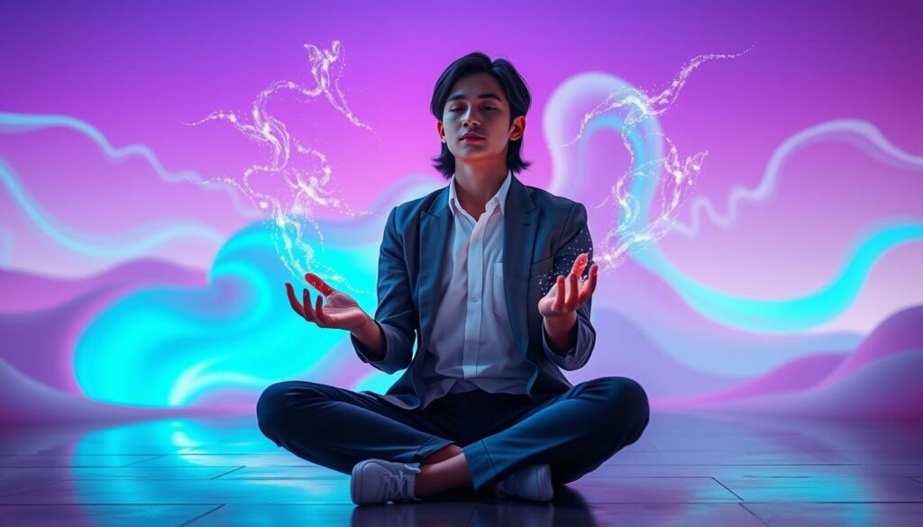 A surreal scene illustrating the "Whisper Method for Manifesting a Text." In the foreground, a young adult of Gen Z descent, dressed in professional casual attire, sits cross-legged in a meditative pose. They exude a calm aura, with soft, glowing neon colors emanating from their hands as they gently cup the air. In the middle, ethereal whispers in the form of shimmering trails drift around them, symbolizing thoughts manifesting into reality. The background features a dreamlike landscape with abstract flowing shapes and vibrant hues, enhanced by soft, ambient lighting. The mood is tranquil yet mysterious, inviting viewers into a realm where thoughts can be instantly transformed into written words. The composition captures the essence of modern mysticism, perfect for a high-end magazine aesthetic. A surreal scene illustrating the "Whisper Method for Manifesting a Text." In the foreground, a young adult of Gen Z descent, dressed in professional casual attire, sits cross-legged in a meditative pose. They exude a calm aura, with soft, glowing neon colors emanating from their hands as they gently cup the air. In the middle, ethereal whispers in the form of shimmering trails drift around them, symbolizing thoughts manifesting into reality. The background features a dreamlike landscape with abstract flowing shapes and vibrant hues, enhanced by soft, ambient lighting. The mood is tranquil yet mysterious, inviting viewers into a realm where thoughts can be instantly transformed into written words. The composition captures the essence of modern mysticism, perfect for a high-end magazine aesthetic.