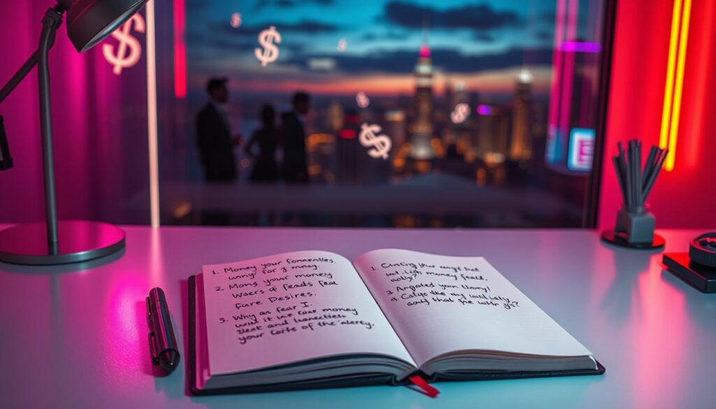 A surreal workspace featuring a modern, minimalistic desk bathed in soft, colorful neon lighting, conveying a dreamcore aesthetic. In the foreground, an open journal lies on the desk, filled with handwritten money prompts, with one page prominently displaying questions about money fears and desires. A sleek pen rests beside the journal. The middle ground features abstract visual elements, such as floating dollar signs and shadowy figures symbolizing hidden fears connected to money. The background showcases a softly blurred city skyline at dusk, illuminated by neon lights, adding depth and vibrancy. The atmosphere feels introspective yet bold, encouraging exploration of one’s financial shadows, all captured from a slightly elevated angle to create a sense of dynamic depth. A surreal workspace featuring a modern, minimalistic desk bathed in soft, colorful neon lighting, conveying a dreamcore aesthetic. In the foreground, an open journal lies on the desk, filled with handwritten money prompts, with one page prominently displaying questions about money fears and desires. A sleek pen rests beside the journal. The middle ground features abstract visual elements, such as floating dollar signs and shadowy figures symbolizing hidden fears connected to money. The background showcases a softly blurred city skyline at dusk, illuminated by neon lights, adding depth and vibrancy. The atmosphere feels introspective yet bold, encouraging exploration of one’s financial shadows, all captured from a slightly elevated angle to create a sense of dynamic depth.