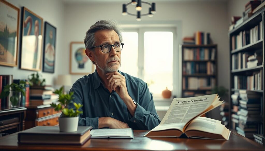 A thoughtful representation of John Welwood, a middle-aged man with a contemplative expression, seated in a serene office space filled with books on psychology and spirituality. The foreground features a vintage wooden desk adorned with a small potted plant and an open book titled "Emotional Depth". In the middle, a large window casts soft, natural light, reflecting a dreamy atmosphere enhanced by subtle neon colors in the artwork on the walls. The background shows a blurred shelf of related literature, evoking a sense of knowledge and introspection. The setting is professional yet inviting, resonating with the theme of spiritual bypassing. The overall mood is reflective and enlightening, perfect for illustrating the concept of spiritual bypassing in a contemporary context. A thoughtful representation of John Welwood, a middle-aged man with a contemplative expression, seated in a serene office space filled with books on psychology and spirituality. The foreground features a vintage wooden desk adorned with a small potted plant and an open book titled "Emotional Depth". In the middle, a large window casts soft, natural light, reflecting a dreamy atmosphere enhanced by subtle neon colors in the artwork on the walls. The background shows a blurred shelf of related literature, evoking a sense of knowledge and introspection. The setting is professional yet inviting, resonating with the theme of spiritual bypassing. The overall mood is reflective and enlightening, perfect for illustrating the concept of spiritual bypassing in a contemporary context.