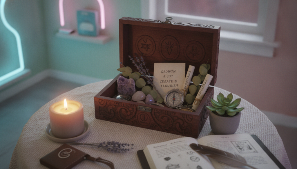 A thoughtfully arranged personal intention box preparation scene, showcasing a beautifully crafted wooden box adorned with intricate carvings. The foreground features an array of meaningful items: crystals, handwritten affirmations, dried flowers, and small mementos reflecting personal aspirations. A softly glowing candle adds warmth, casting gentle light on the items. In the middle ground, a softly textured table or cloth provides a calming backdrop, with subtle purposefully placed decorations like a calming plant or an open journal. The background is a blurred room with soft pastel colors and faint neon accents, creating a serene yet vibrant atmosphere. The lighting is soft and inviting, enhancing the mood of focus and intention, with a high-end magazine style reminiscent of Dreamcore aesthetics. The angle is slightly overhead, drawing the viewer into the intimate act of preparation.