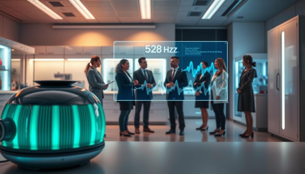 A tranquil and futuristic research lab environment emphasizing the theme of "528 Hz research on sound and healing." In the foreground, a high-tech sound therapy device emits soft, glowing neon blue and green waves, symbolizing the 528 Hz frequency. In the middle, a diverse group of professionals, dressed in smart, modest business attire, deeply engaged in discussion around a large holographic display illustrating sound wave patterns and their effects on healing. The background features sleek lab equipment bathed in soft, ambient lighting, creating a serene atmosphere. The overall mood is one of innovation and hope, reflecting the healing power of sound. Use a shallow depth of field to focus on the group while softly blurring the lab equipment in the background.