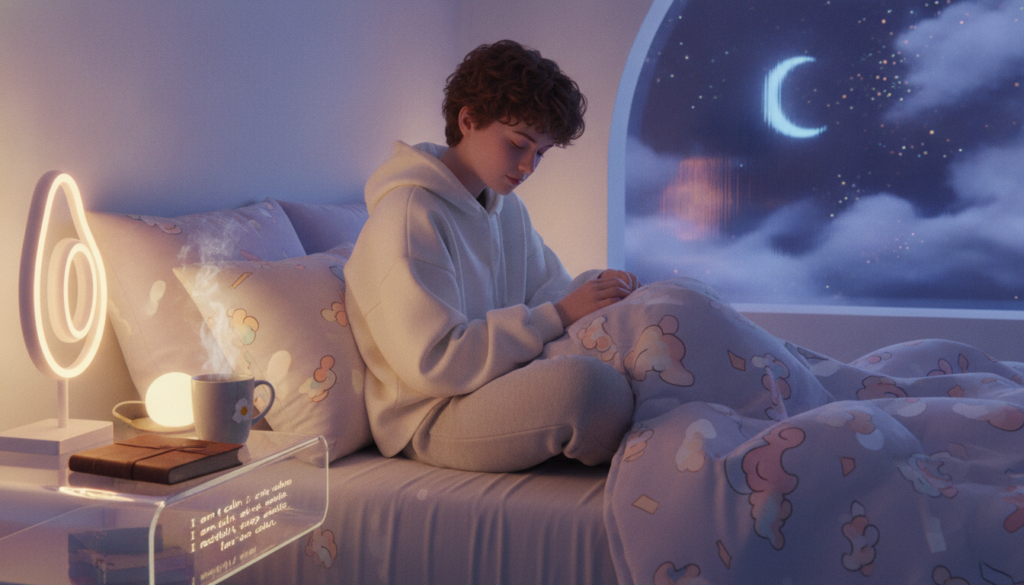 A tranquil bedroom setting, bathed in soft, neon colors that evoke a Dreamcore aesthetic. In the foreground, a young adult Gen Z individual, wearing modest casual clothing, is peacefully preparing for sleep, nestled under a cozy duvet. Beside them, calming elements like calming herbal teas and an open journal filled with positive affirmations create a safe and inviting atmosphere. The middle ground features a neatly arranged sleep space with plush pillows and ambient light from a stylish bedside lamp. In the background, a serene window reveals a night sky sprinkled with stars. The lighting is warm and dreamy, enhancing the cozy, relaxed mood, while the angle captures a portrait-like view of the peaceful setup, reflecting safe practices for a restful night’s sleep. A tranquil bedroom setting, bathed in soft, neon colors that evoke a Dreamcore aesthetic. In the foreground, a young adult Gen Z individual, wearing modest casual clothing, is peacefully preparing for sleep, nestled under a cozy duvet. Beside them, calming elements like calming herbal teas and an open journal filled with positive affirmations create a safe and inviting atmosphere. The middle ground features a neatly arranged sleep space with plush pillows and ambient light from a stylish bedside lamp. In the background, a serene window reveals a night sky sprinkled with stars. The lighting is warm and dreamy, enhancing the cozy, relaxed mood, while the angle captures a portrait-like view of the peaceful setup, reflecting safe practices for a restful night’s sleep.