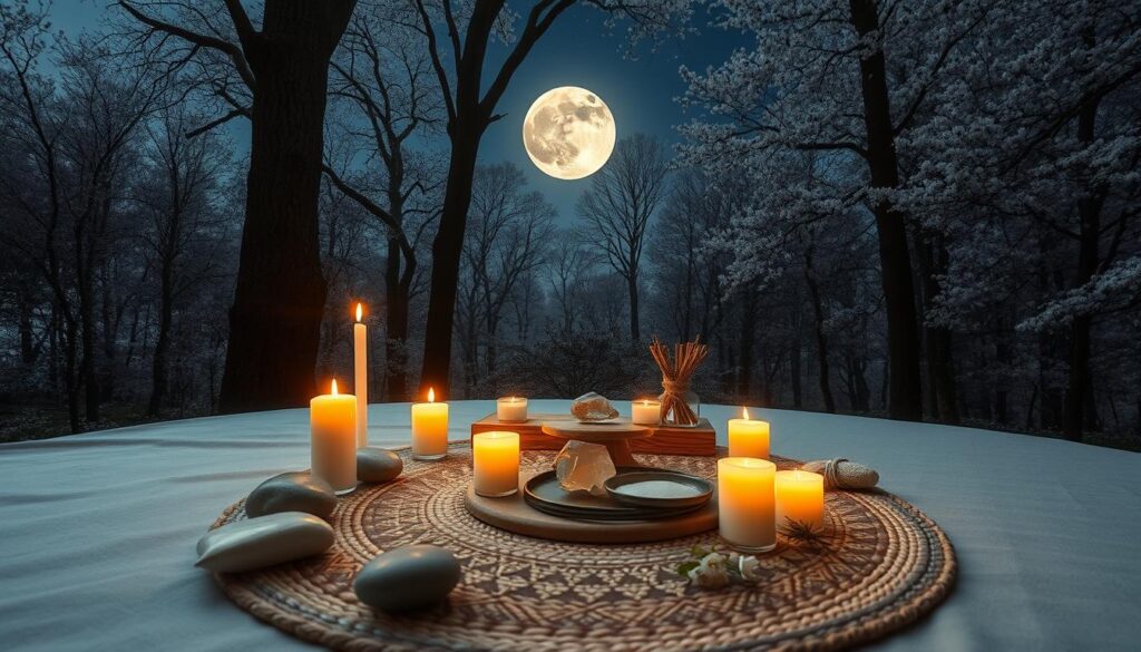A tranquil full moon ritual space, bathed in soft, ethereal moonlight. In the foreground, a circular arrangement of smooth stones and vibrant candles flicker, casting warm glows. A small wooden table displays simple tools like a crystal, a bowl of salt, and herbal bundles. The middle ground features a woven mat adorned with intricate patterns, accented by delicate flowers and incense sticks. In the background, tall trees gently sway, their leaves shimmering silver in the moonlight, while a starry sky adds depth above. The atmosphere emanates a serene and sacred energy, inviting calmness and reflection. Capture the scene with a wide-angle lens, emphasizing the glowing moon, and use soft focus for dreamlike clarity. The overall mood should evoke a sense of peace and empowerment, perfect for a ritual to release negativity. A tranquil full moon ritual space, bathed in soft, ethereal moonlight. In the foreground, a circular arrangement of smooth stones and vibrant candles flicker, casting warm glows. A small wooden table displays simple tools like a crystal, a bowl of salt, and herbal bundles. The middle ground features a woven mat adorned with intricate patterns, accented by delicate flowers and incense sticks. In the background, tall trees gently sway, their leaves shimmering silver in the moonlight, while a starry sky adds depth above. The atmosphere emanates a serene and sacred energy, inviting calmness and reflection. Capture the scene with a wide-angle lens, emphasizing the glowing moon, and use soft focus for dreamlike clarity. The overall mood should evoke a sense of peace and empowerment, perfect for a ritual to release negativity.