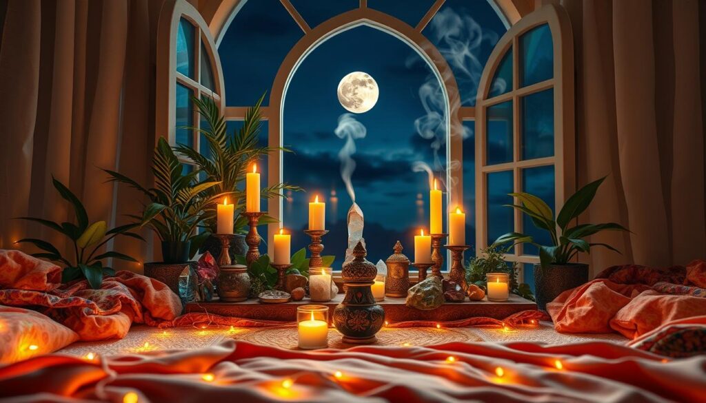 A tranquil sacred space for manifesting money intentions, featuring a central altar adorned with shimmering gold candles and vibrant green plants. Surround the altar with neatly arranged crystals and symbols of prosperity, such as coins and abundance charms. The foreground showcases soft, colorful textiles creating a cozy atmosphere, with delicate fairy lights casting a warm glow. In the middle ground, a gentle incense burner emits wisps of fragrant smoke, enhancing the mystical vibe. The background reveals an arched window with a night sky filled with a glowing new moon, symbolizing new beginnings. Utilize soft, ambient lighting to create a serene mood, capturing a dreamy essence reminiscent of high-end magazine aesthetics. The composition should evoke feelings of hope, tranquility, and the power of intention. A tranquil sacred space for manifesting money intentions, featuring a central altar adorned with shimmering gold candles and vibrant green plants. Surround the altar with neatly arranged crystals and symbols of prosperity, such as coins and abundance charms. The foreground showcases soft, colorful textiles creating a cozy atmosphere, with delicate fairy lights casting a warm glow. In the middle ground, a gentle incense burner emits wisps of fragrant smoke, enhancing the mystical vibe. The background reveals an arched window with a night sky filled with a glowing new moon, symbolizing new beginnings. Utilize soft, ambient lighting to create a serene mood, capturing a dreamy essence reminiscent of high-end magazine aesthetics. The composition should evoke feelings of hope, tranquility, and the power of intention.