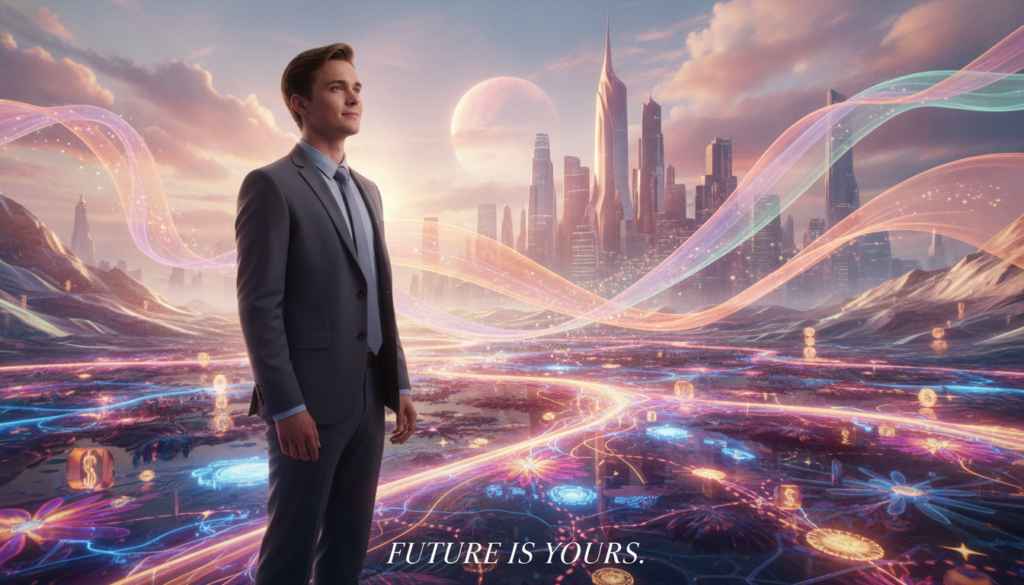 A tranquil scene depicting an individual standing on a vibrant, dreamlike landscape that symbolizes the fulfillment of desires. In the foreground, a Caucasian young adult dressed in professional business attire gazes confidently into the distance, their expression one of serene joy. The middle ground features dreamy, swirling neon colors and ethereal elements, representing positive energy and abundance. The background showcases a surreal skyline illuminated by soft, radiant lighting, evoking a sense of limitless possibilities. The atmosphere is uplifting and hopeful, with gentle, pastel hues blending seamlessly. The composition is shot from a slightly low angle, enhancing the feeling of aspiration and elevated emotion, reminiscent of a high-end magazine advertisement tailored for an adult Gen Z audience.