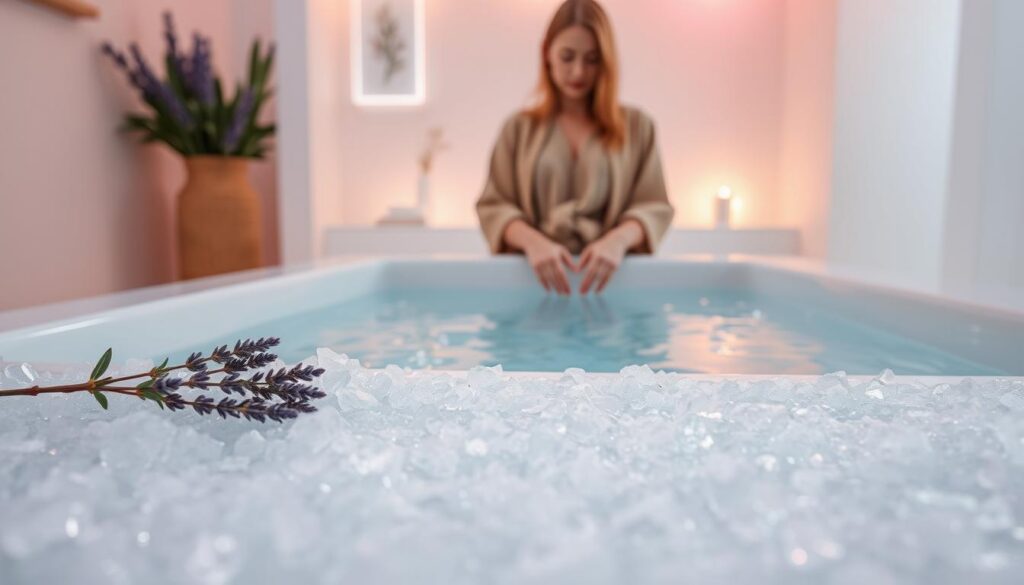 A tranquil scene of a serene bathroom with a large, luxurious bathtub filled with shimmering saltwater. In the foreground, delicate salt crystals glisten, reflecting soft ambient light. A bouquet of calming lavender and eucalyptus is placed nearby, enhancing the relaxing atmosphere. The middle ground features a person dressed in comfortable, modest loungewear, gently submerging their hands into the water, exuding a sense of peace and renewal. The background reveals chic, minimalist decor with pastel colors, accentuated by soft neon lights casting a dreamy glow. The setting conveys a soothing, rejuvenating vibe, perfect for energy clearing, with an ethereal and tranquil mood, inviting the viewer to experience the serenity. A tranquil scene of a serene bathroom with a large, luxurious bathtub filled with shimmering saltwater. In the foreground, delicate salt crystals glisten, reflecting soft ambient light. A bouquet of calming lavender and eucalyptus is placed nearby, enhancing the relaxing atmosphere. The middle ground features a person dressed in comfortable, modest loungewear, gently submerging their hands into the water, exuding a sense of peace and renewal. The background reveals chic, minimalist decor with pastel colors, accentuated by soft neon lights casting a dreamy glow. The setting conveys a soothing, rejuvenating vibe, perfect for energy clearing, with an ethereal and tranquil mood, inviting the viewer to experience the serenity.