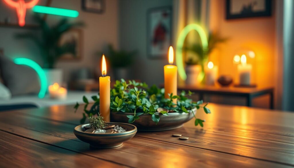A tranquil setting for a simple prosperity candle spell ritual, showcasing a wooden table adorned with a golden candle flickering softly. In the foreground, a small dish filled with herbs, coins, and crystals symbolizes abundance. The middle area features the candle prominently, surrounded by vibrant green foliage, inviting a sense of growth. The background reveals a softly lit room with warm, inviting colors and dreamlike neon accents casting ethereal glows, enhancing the mystical atmosphere. The lighting is warm and ambient, creating a serene and focused mood. The image is taken from a slightly elevated angle to capture the details of the table and ritual items, ideal for an upscale magazine aesthetic. A tranquil setting for a simple prosperity candle spell ritual, showcasing a wooden table adorned with a golden candle flickering softly. In the foreground, a small dish filled with herbs, coins, and crystals symbolizes abundance. The middle area features the candle prominently, surrounded by vibrant green foliage, inviting a sense of growth. The background reveals a softly lit room with warm, inviting colors and dreamlike neon accents casting ethereal glows, enhancing the mystical atmosphere. The lighting is warm and ambient, creating a serene and focused mood. The image is taken from a slightly elevated angle to capture the details of the table and ritual items, ideal for an upscale magazine aesthetic.