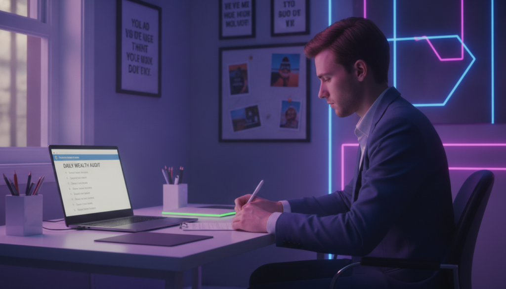 A tranquil workspace scene immersed in vibrant neon colors, displaying an elegantly organized desk with a sleek laptop open, revealing a thought audit checklist titled “Daily Wealth Audit.” In the foreground, a stylish Caucasian young adult in professional business attire is seated, thoughtfully reviewing their notes, radiating focus and determination. The middle ground features motivational quotes framed on the wall, and a vision board filled with images of luxury and success. The background fades into a softly lit, abstract dreamcore landscape blended with geometric patterns. The atmosphere is one of inspiration and clarity, with gentle ambient lighting from a nearby window casting warm shadows, emphasizing a sense of calm diligence and purpose.