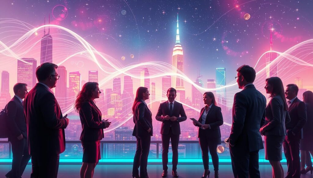 A vibrant, abstract representation of a wealth mindset and financial frequency, showcasing a futuristic city skyline illuminated with neon colors. In the foreground, a diverse group of adults dressed in professional business attire is engaged in a conversation, exuding confidence and ambition. The middle ground features ethereal waves of energy and light, symbolizing the flow of abundance and positive vibrations, intertwining with visual motifs of coins and notes. The background displays a dreamy, night sky filled with stars, embodying limitless possibilities. The scene is bathed in soft, ambient lighting, creating an uplifting atmosphere that inspires a sense of hope and prosperity. Capture this moment with a slightly elevated angle to emphasize the connection between the individuals and the financial energy surrounding them. A vibrant, abstract representation of a wealth mindset and financial frequency, showcasing a futuristic city skyline illuminated with neon colors. In the foreground, a diverse group of adults dressed in professional business attire is engaged in a conversation, exuding confidence and ambition. The middle ground features ethereal waves of energy and light, symbolizing the flow of abundance and positive vibrations, intertwining with visual motifs of coins and notes. The background displays a dreamy, night sky filled with stars, embodying limitless possibilities. The scene is bathed in soft, ambient lighting, creating an uplifting atmosphere that inspires a sense of hope and prosperity. Capture this moment with a slightly elevated angle to emphasize the connection between the individuals and the financial energy surrounding them.