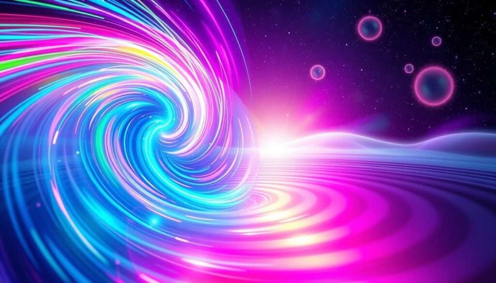 A vibrant, abstract representation of thoughts transforming into energy and frequency. In the foreground, visualize a swirling vortex of colorful neon light, pulsating with electric blues, pinks, and greens, symbolizing dynamic thoughts. In the middle ground, ethereal waves of energy flow outward, creating soft ripples, blending into the background. The background features a cosmic, starry sky with gentle gradients, enhancing the sense of depth. Soft, glowing orbs of light hover, representing the vibrational essence of thoughts manifesting into reality. Use high contrast lighting to emphasize the neon colors, creating a surreal yet inspiring atmosphere. The image conveys a sense of wonder and positivity, inviting viewers to explore the connection between thoughts, energy, and self-discovery.