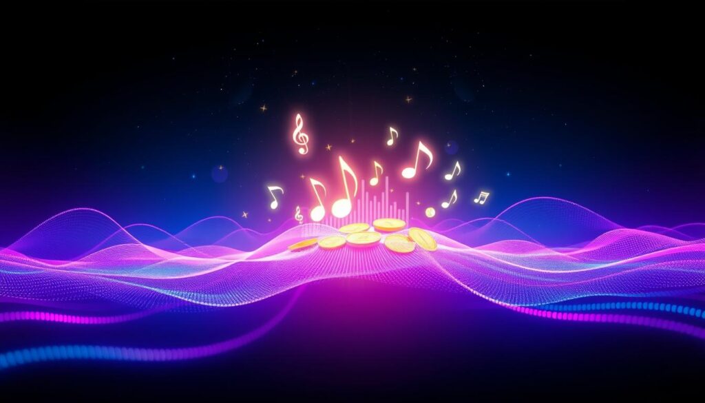 A vibrant and abstract representation of sound frequencies emanating waves of energy associated with abundance. In the foreground, delicate sound waves ripple outward, visually represented by luminous lines in neon hues—electric blues, vivid purples, and radiant greens. The middle ground features ethereal musical notes and shimmering symbols of wealth like coins or dollar signs harmoniously intertwined with a visually engaging soundboard. The background is a deep gradient of dark space, dotted with sparkling stars, creating a dreamlike atmosphere. Utilize dramatic lighting to highlight the central elements, casting soft yet striking contrasts, and a shallow depth of field to focus on the mesmerizing frequency patterns. The overall mood conveys positivity, abundance, and a sense of wellbeing, inviting the viewer to resonate with the ideal frequency for attracting wealth. A vibrant and abstract representation of sound frequencies emanating waves of energy associated with abundance. In the foreground, delicate sound waves ripple outward, visually represented by luminous lines in neon hues—electric blues, vivid purples, and radiant greens. The middle ground features ethereal musical notes and shimmering symbols of wealth like coins or dollar signs harmoniously intertwined with a visually engaging soundboard. The background is a deep gradient of dark space, dotted with sparkling stars, creating a dreamlike atmosphere. Utilize dramatic lighting to highlight the central elements, casting soft yet striking contrasts, and a shallow depth of field to focus on the mesmerizing frequency patterns. The overall mood conveys positivity, abundance, and a sense of wellbeing, inviting the viewer to resonate with the ideal frequency for attracting wealth.