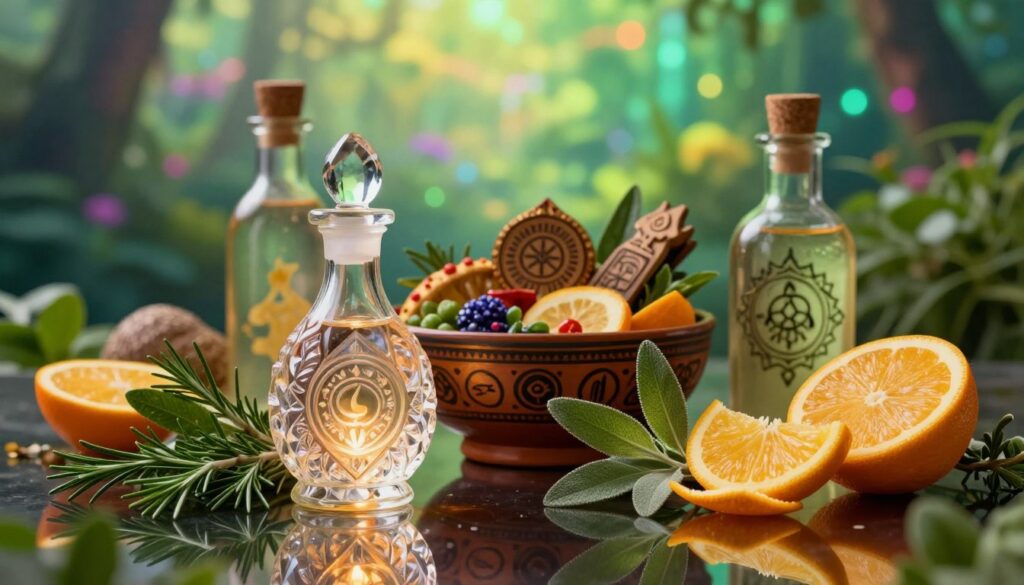 A vibrant and artistic arrangement of Agua Florida ingredients, including aromatic herbs, citrus peels, and ornate glass bottles, layered on a reflective surface. In the foreground, a beautifully crafted crystal bottle glimmers in soft, warm lighting, surrounded by fresh herbs like rosemary and sage, interspersed with bright citrus slices for a pop of color. The middle ground showcases a traditional dish or bowl containing mystical symbols and sacred items, representing spiritual cleansing. In the background, a serene and ethereal ambiance is created with a softly blurred, dreamlike landscape of lush greenery and glowing neon colors, invoking a sense of peace and renewal. The atmosphere is calming and spiritual, evoking the sacred rituals associated with cleansing and protection.