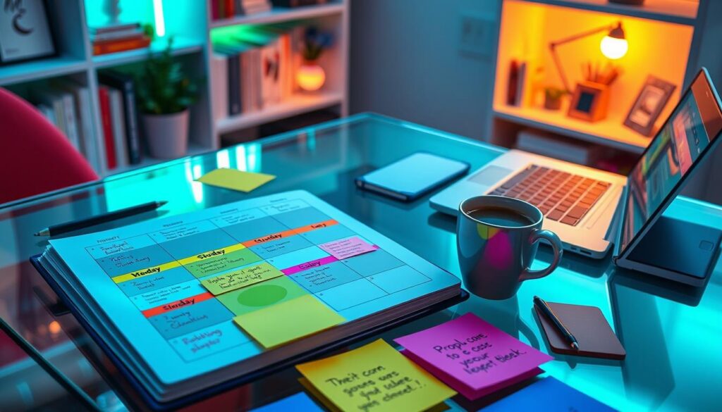 A vibrant and colorful study plan layout on a sleek glass desk, featuring glowing neon elements and a dreamcore aesthetic. In the foreground, an elegant planner open to a weekly study schedule with colorful highlights for each day. Brightly colored sticky notes with motivational quotes are scattered around, alongside a stylish laptop displaying a productivity app. In the middle ground, a chic coffee cup with steaming coffee adds warmth to the scene. The background showcases a softly lit cozy study nook with shelves filled with books and inspirational decorations, bathed in a gentle, ambient light creating a productive atmosphere. Capture this high-end magazine advertisement vibe that resonates with adult Gen Z, conveying focus, creativity, and positivity. Use a slight overhead angle for depth, with a warm glow to evoke an inviting and motivational mood. A vibrant and colorful study plan layout on a sleek glass desk, featuring glowing neon elements and a dreamcore aesthetic. In the foreground, an elegant planner open to a weekly study schedule with colorful highlights for each day. Brightly colored sticky notes with motivational quotes are scattered around, alongside a stylish laptop displaying a productivity app. In the middle ground, a chic coffee cup with steaming coffee adds warmth to the scene. The background showcases a softly lit cozy study nook with shelves filled with books and inspirational decorations, bathed in a gentle, ambient light creating a productive atmosphere. Capture this high-end magazine advertisement vibe that resonates with adult Gen Z, conveying focus, creativity, and positivity. Use a slight overhead angle for depth, with a warm glow to evoke an inviting and motivational mood.