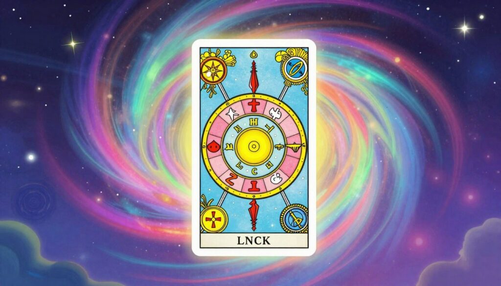 A vibrant and detailed illustration of the Wheel of Fortune tarot card in an upright position, centered in the foreground. The card features ornate symbols representing luck, fate, and change, surrounded by vivid neon colors that evoke a dreamlike atmosphere. The background showcases a swirling cosmic landscape, filled with abstract patterns and soft gradients, hinting at the mysteries of destiny and chance. Use soft, ethereal lighting to highlight the card, creating a sense of depth and allure. The image should convey a sense of optimism and excitement, appealing to an adult Gen Z audience. Opt for a wide-angle perspective to capture the full rich details of the card and its environment, ensuring there are no text elements or distractions. A vibrant and detailed illustration of the Wheel of Fortune tarot card in an upright position, centered in the foreground. The card features ornate symbols representing luck, fate, and change, surrounded by vivid neon colors that evoke a dreamlike atmosphere. The background showcases a swirling cosmic landscape, filled with abstract patterns and soft gradients, hinting at the mysteries of destiny and chance. Use soft, ethereal lighting to highlight the card, creating a sense of depth and allure. The image should convey a sense of optimism and excitement, appealing to an adult Gen Z audience. Opt for a wide-angle perspective to capture the full rich details of the card and its environment, ensuring there are no text elements or distractions.