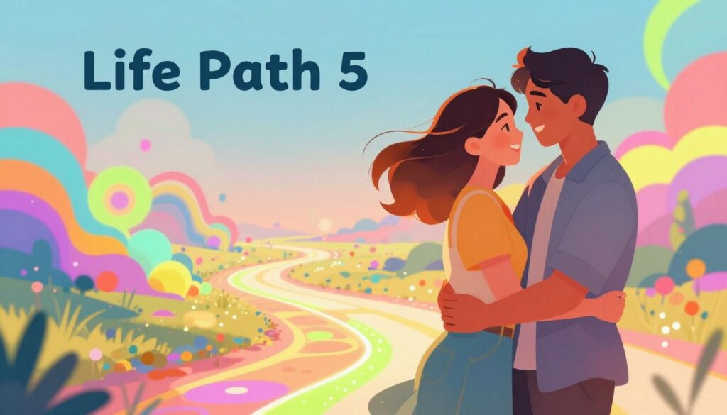 A vibrant and dreamy illustration of a couple embracing, symbolizing the love and adventurous spirit of Life Path 5. The foreground features the couple, dressed in stylish, modern, yet modest casual clothing, sharing a joyful moment with bright smiles. They stand on a colorful, glowing pathway that symbolizes freedom and connection. In the middle ground, abstract shapes and flowing patterns in neon colors represent the dynamic and evolving nature of their relationship. The background hints at an expansive, surreal landscape with vibrant, dreamlike elements that convey the excitement of life. Soft, ethereal lighting casts a warm glow, creating an inviting and optimistic atmosphere, reflecting the essence of love, loyalty, and relationships for Life Path 5. A vibrant and dreamy illustration of a couple embracing, symbolizing the love and adventurous spirit of Life Path 5. The foreground features the couple, dressed in stylish, modern, yet modest casual clothing, sharing a joyful moment with bright smiles. They stand on a colorful, glowing pathway that symbolizes freedom and connection. In the middle ground, abstract shapes and flowing patterns in neon colors represent the dynamic and evolving nature of their relationship. The background hints at an expansive, surreal landscape with vibrant, dreamlike elements that convey the excitement of life. Soft, ethereal lighting casts a warm glow, creating an inviting and optimistic atmosphere, reflecting the essence of love, loyalty, and relationships for Life Path 5.