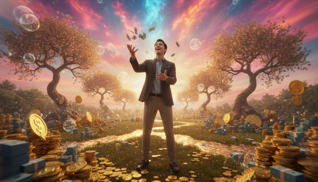 A vibrant and dreamy landscape showcasing a playful money mindset and abundance theme. In the foreground, a joyful young Caucasian adult wearing stylish business casual attire is joyfully tossing colorful bills into the air, their expression radiating happiness and excitement. In the middle ground, lush greenery blends with floating golden coins and shimmering dollar signs, creating a whimsical atmosphere. The background features a surreal sky painted in neon colors, infusing the scene with a sense of limitless possibilities. Soft, ethereal lighting highlights the scene, while a slight tilt-angle lens adds a dynamic feel, capturing the essence of manifestation and prosperity. The overall mood is uplifting and imaginative, ideal for illustrating the concept of abundance.