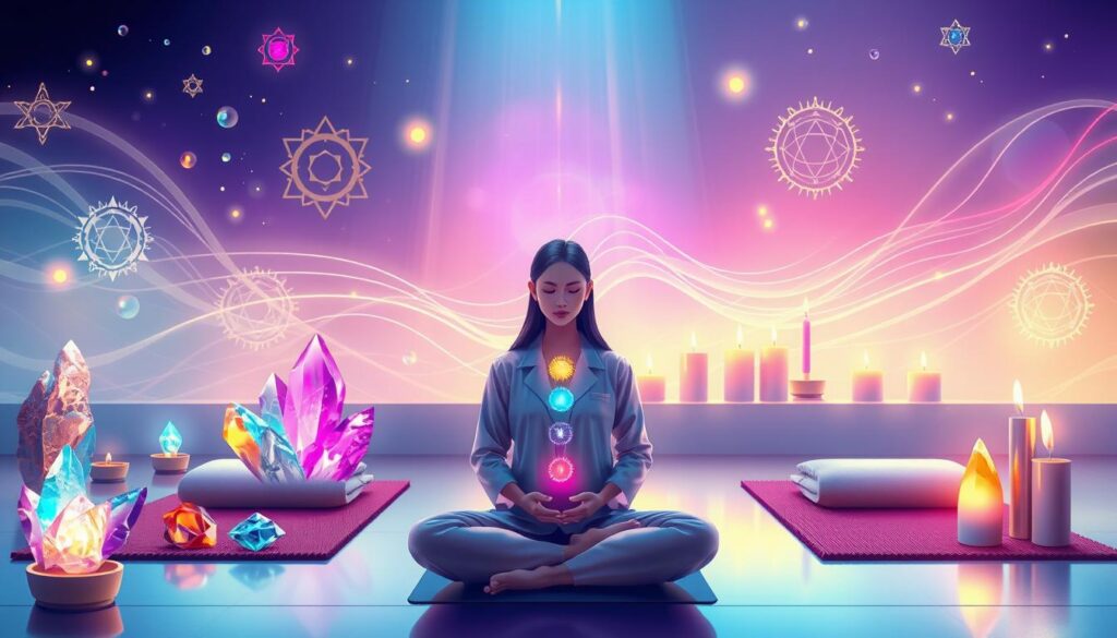 A vibrant and dynamic illustration depicting various types of energy healing practices, focusing on crystal healing, chakra balancing, and Reiki energy work. In the foreground, a serene figure in professional attire is engaging with colorful crystals, surrounded by glowing orbs of energy that represent different chakras. In the middle ground, a peaceful treatment space features soft, ambient lighting with candles flickering in neon colors, and comfortable mats for relaxation. The background showcases abstract representations of energy waves and healing symbols flowing harmoniously. The lighting is ethereal, creating a calming yet energizing atmosphere, perfect for capturing the essence of modern energy healing practices. The overall mood is uplifting and inspiring, appealing to adult Gen Z sensibilities while exuding a high-end magazine aesthetic. A vibrant and dynamic illustration depicting various types of energy healing practices, focusing on crystal healing, chakra balancing, and Reiki energy work. In the foreground, a serene figure in professional attire is engaging with colorful crystals, surrounded by glowing orbs of energy that represent different chakras. In the middle ground, a peaceful treatment space features soft, ambient lighting with candles flickering in neon colors, and comfortable mats for relaxation. The background showcases abstract representations of energy waves and healing symbols flowing harmoniously. The lighting is ethereal, creating a calming yet energizing atmosphere, perfect for capturing the essence of modern energy healing practices. The overall mood is uplifting and inspiring, appealing to adult Gen Z sensibilities while exuding a high-end magazine aesthetic.