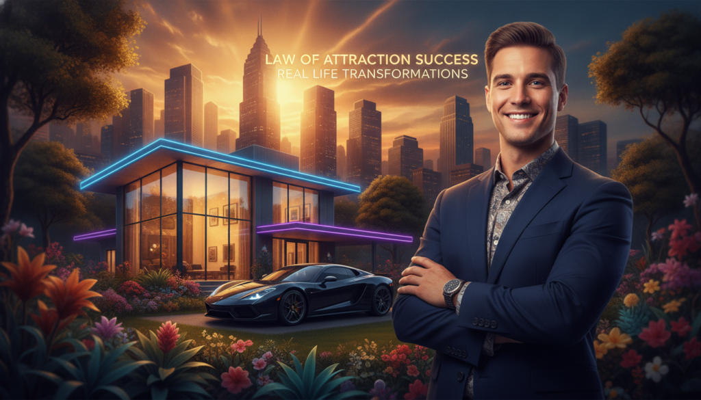 A vibrant and dynamic scene depicting the concept of "Law of Attraction Success in Real Life." In the foreground, a confident young Caucasian professional in stylish business attire stands with arms crossed, exuding positivity and self-assurance. The middle ground features imagery of symbols of success, such as a glowing house, a luxury car, and a flourishing garden, all set against a backdrop of radiant neon colors that hint at the energy of dreams coming true. The background showcases a city skyline at sunset, casting a warm golden light, highlighting the possibilities of life transformations. The atmosphere is uplifting and motivational, with a surreal, dreamlike quality, reminiscent of high-end magazine advertisements. The composition has a focus pull effect, ensuring the foreground subject captures the viewer's attention while softening the background for depth.